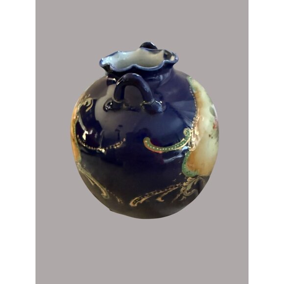 Antique Hand-Painted Cobalt Porcelain Floral Piedestal Vase Blue Florals & Gold - Picture 4 of 12